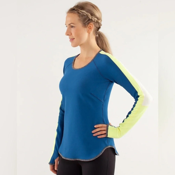 Lululemon Runder Under Long Sleeve Limitless Blue/Heathered Coal/Yellow 8 - Picture 4 of 13